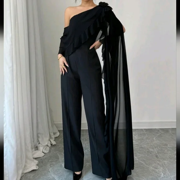 Elegant One-Shoulder Jumpsuit With 3D Floral Decor - Picture 3 of 4